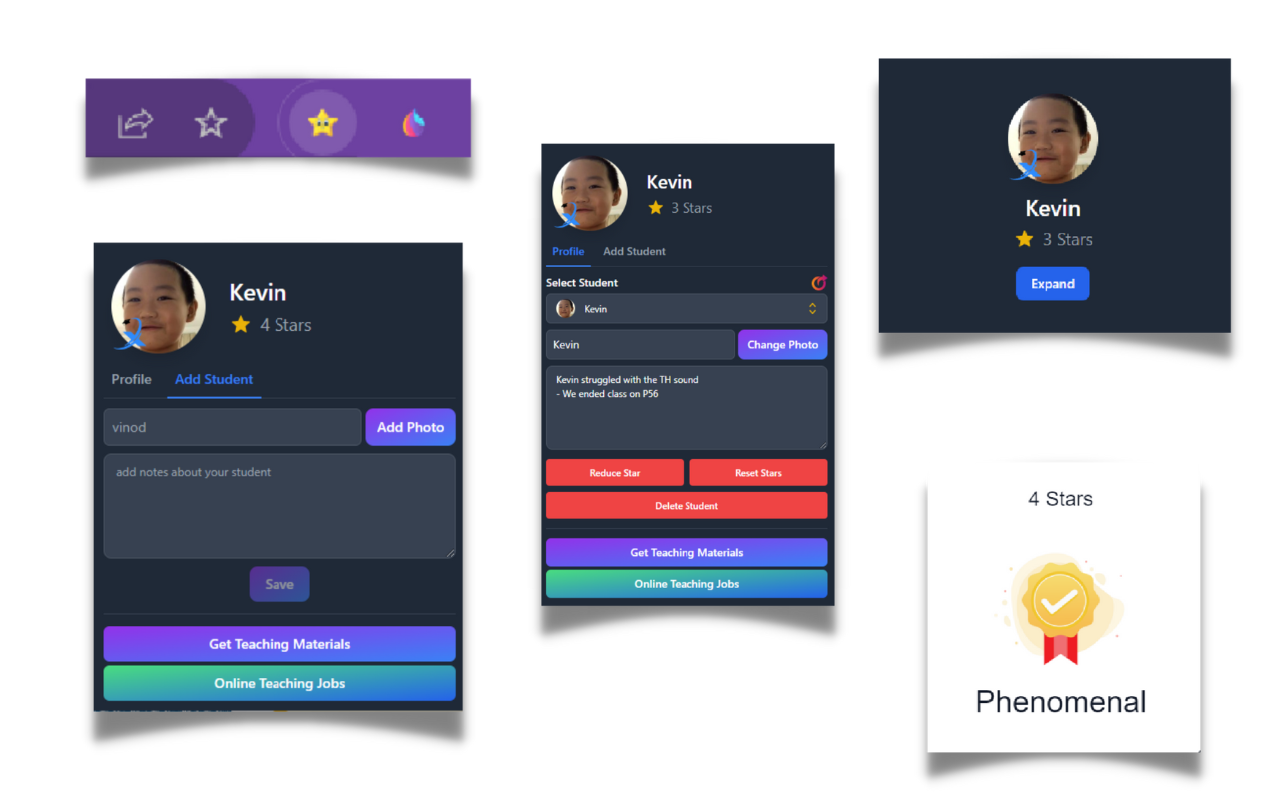 Student Stars extension interface showing student list and star rewards